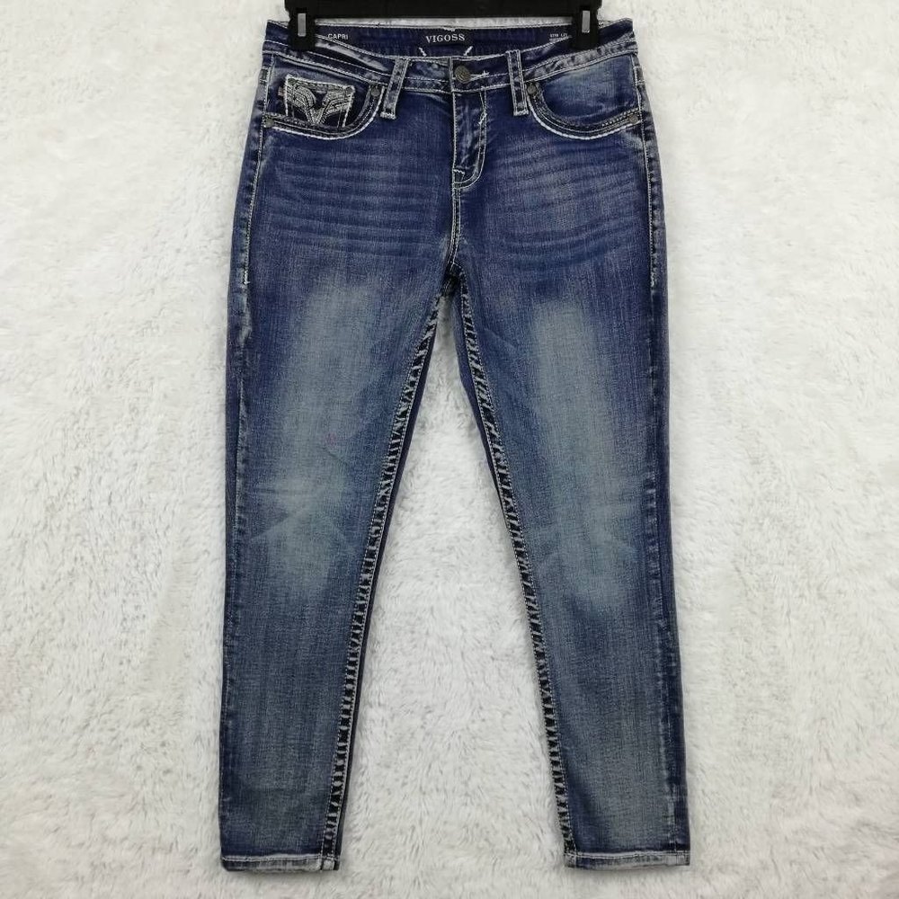 Vigoss Womens Jeans Cropped Blue Stretch Embroidered Dark Mid Rise Faded‎ 7/8